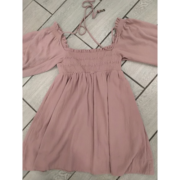 Free People Mauve Smocked Square Neck Puff Sleeve Mini Dress Size L - Picture 4 of 10